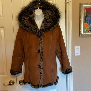 Regent Park Cheetah Print Faux Fur & Rust Ultra-Suede Hooded Coat, Size S